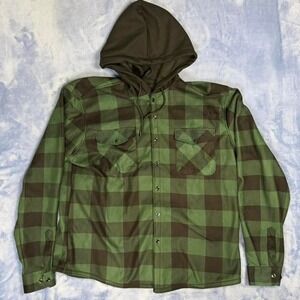 green + brown plaid hoodie with button-up front and hood men size xl